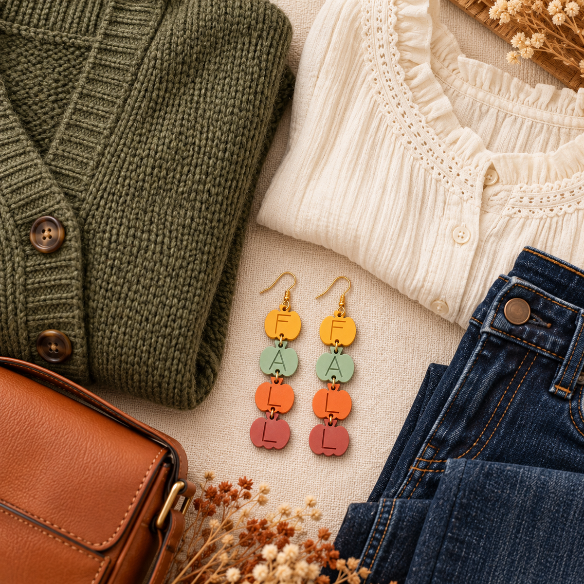 FALL pumpkin earrings styled with an olive cardigan, cream blouse, dark jeans, and cognac bag
