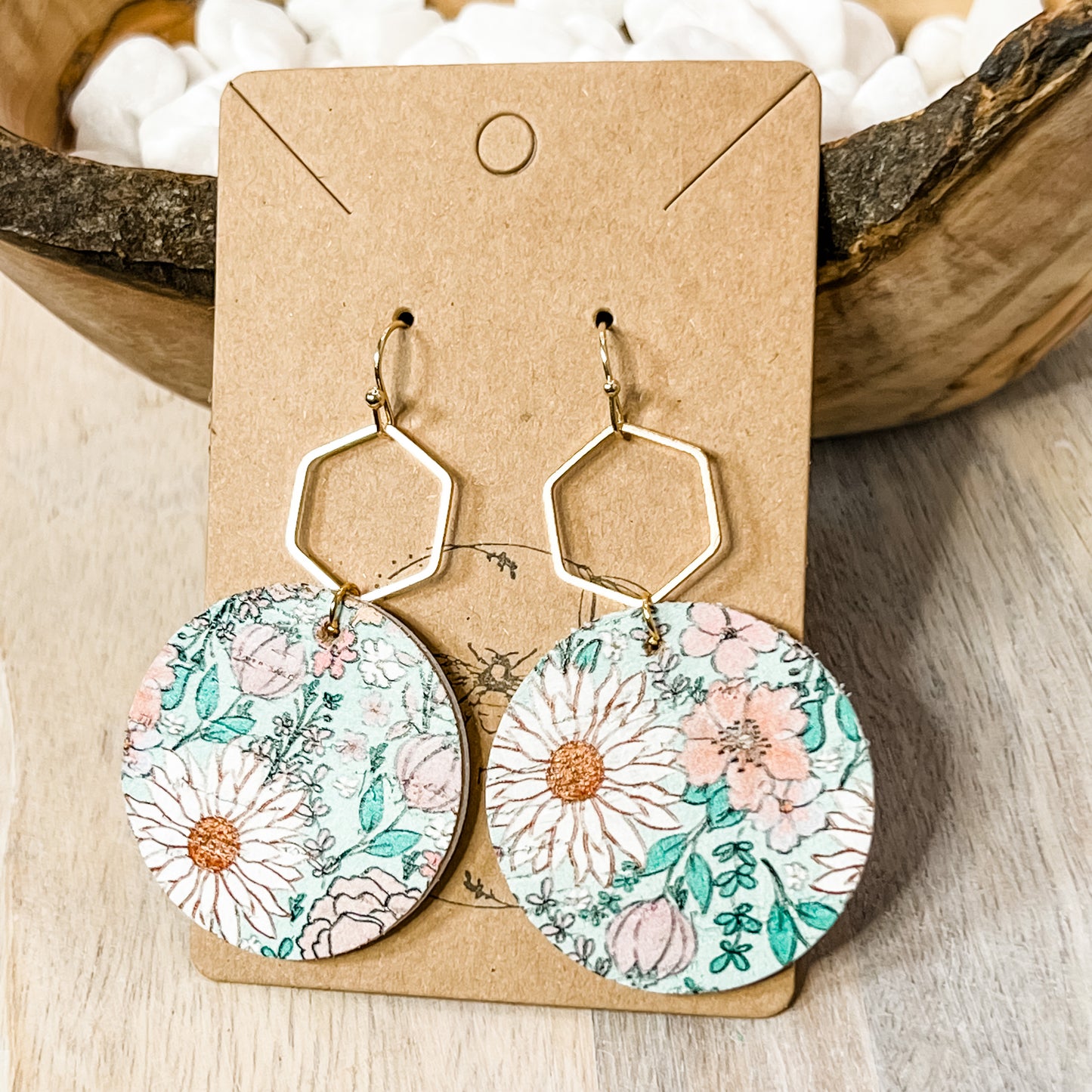 Handmade Genuine Leather Round Flower Earrings