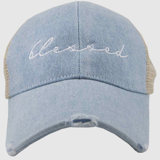Light Denim Blessed Script Embroidered Trucker Hat