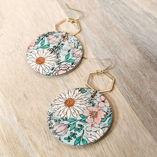 Handmade Genuine Leather Round Flower Earrings