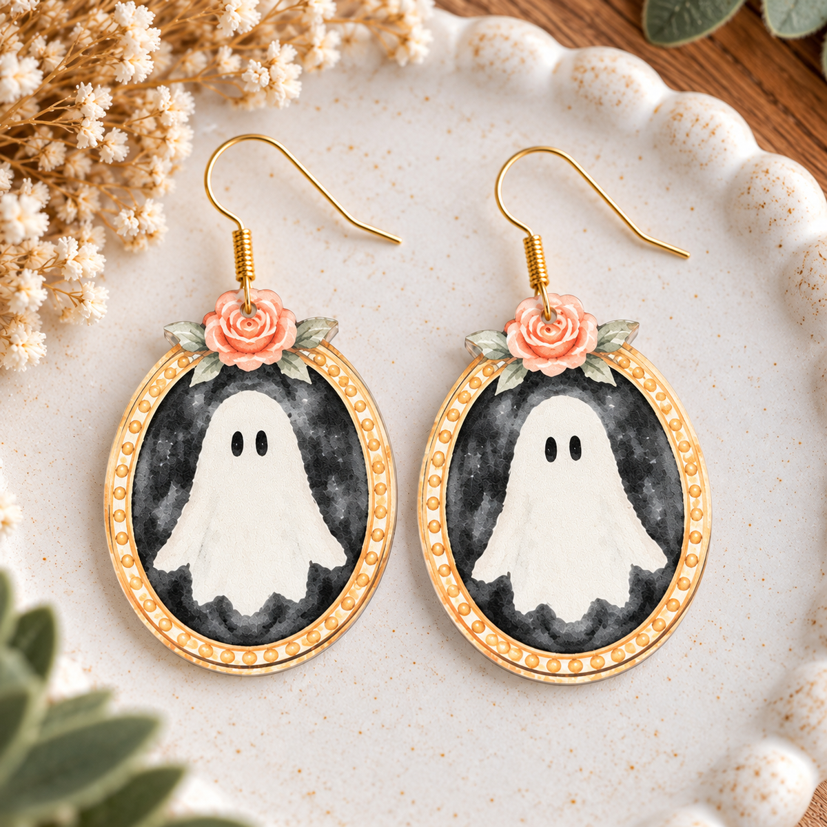 Vintage floral ghost acrylic Halloween earrings with gold coil hooks