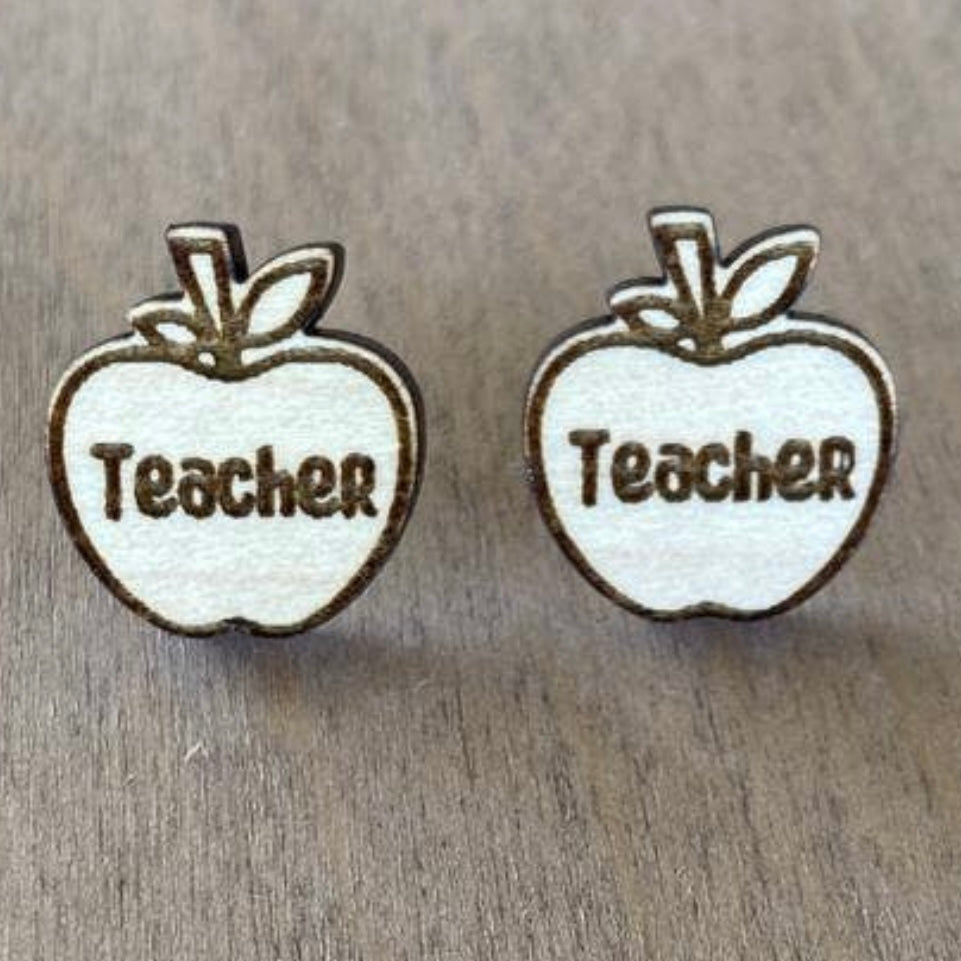 Handmade Teacher Apple Wood Stud Earrings