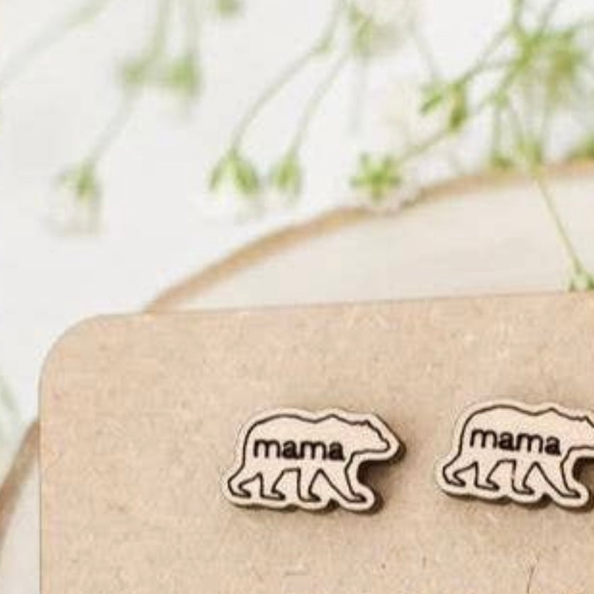Handmade Mama Bear Wood Stud Earrings
