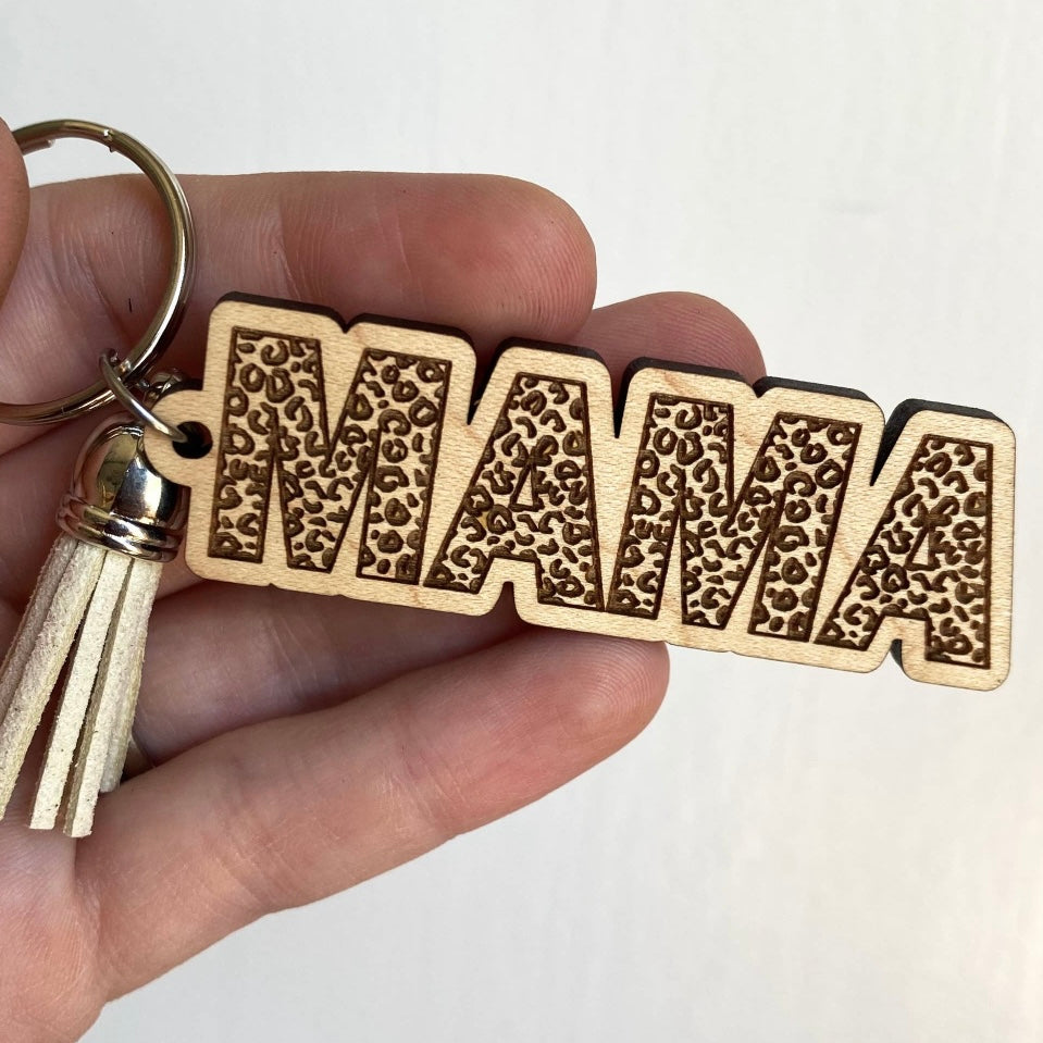 Handmade Leopard Print Engraved Mama Wood Keychain w/ PINK Tassel