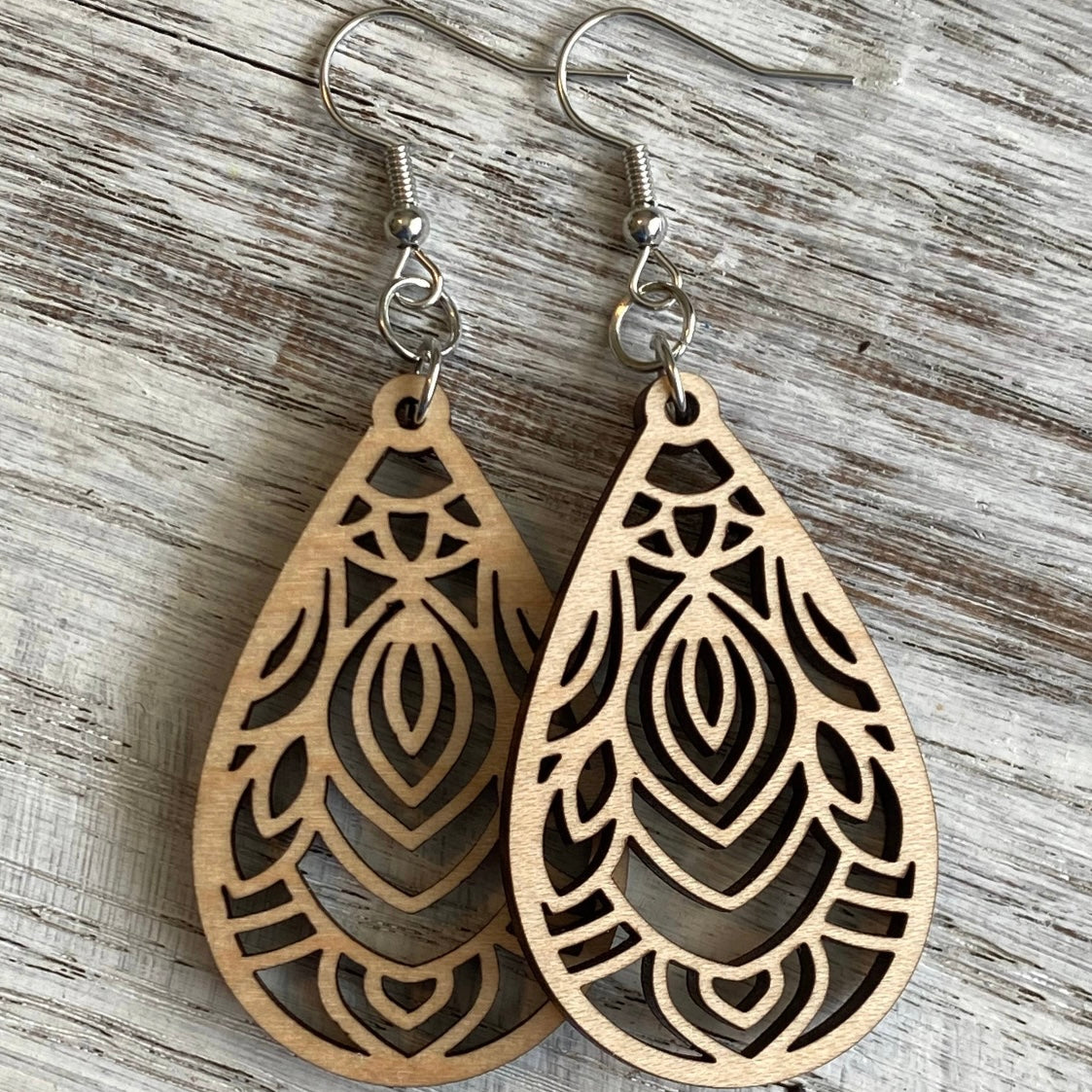 Handmade Mandala Feather Drop Wood Earrings
