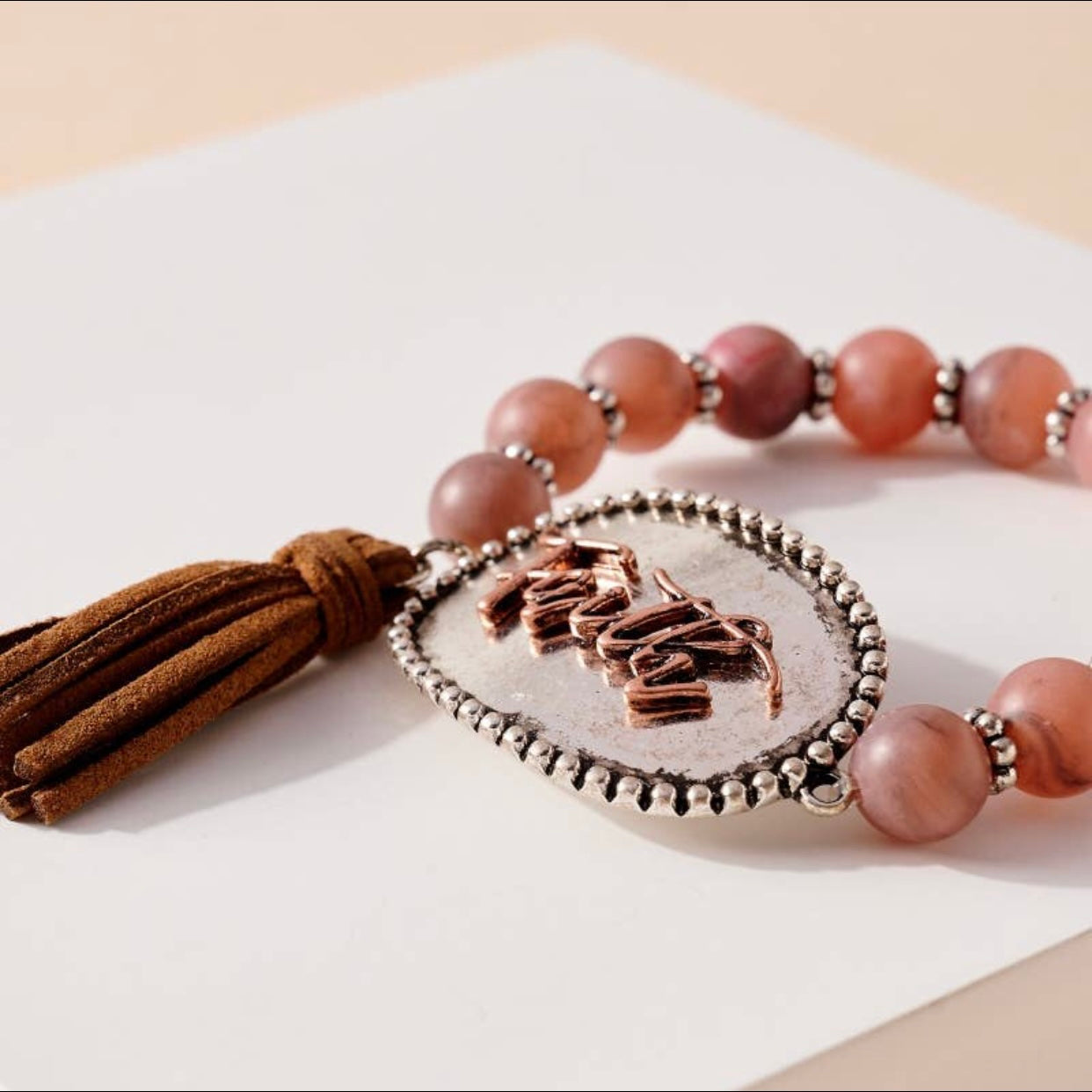 Pink or White - Distressed Faith Tassel Stone Beaded Stretch Bracelet