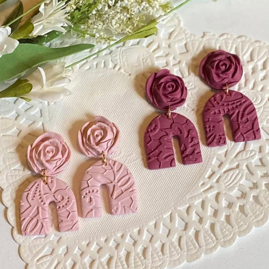 Blush Pink Rose & Lace Clay Earrings