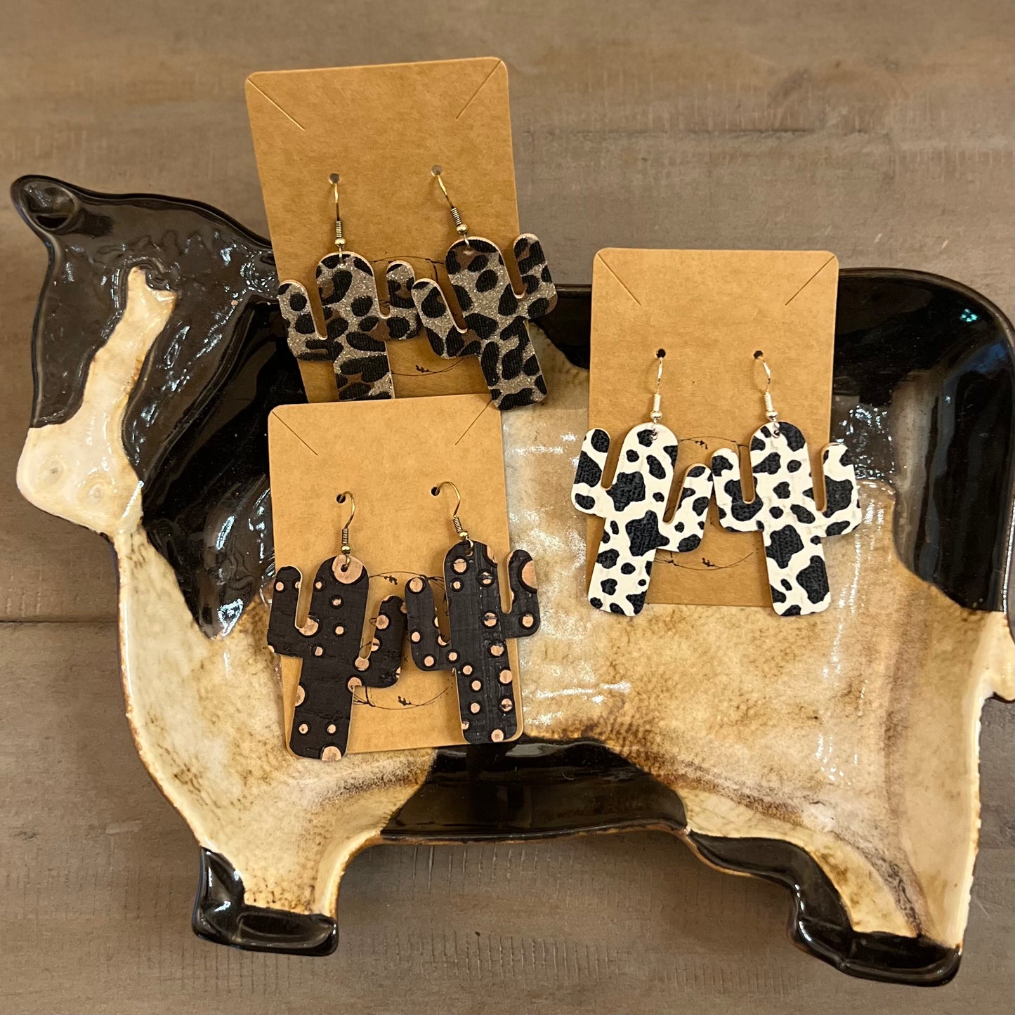 Handmade Genuine Leather Cactus Pattern Earrings