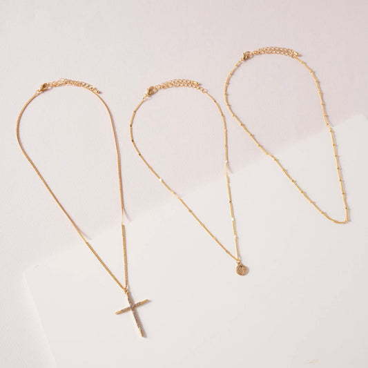 18k Gold Plated Layered Necklaces w/ Cross & Coin Charms