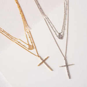 18k Gold Plated Layered Necklaces w/ Cross & Coin Charms