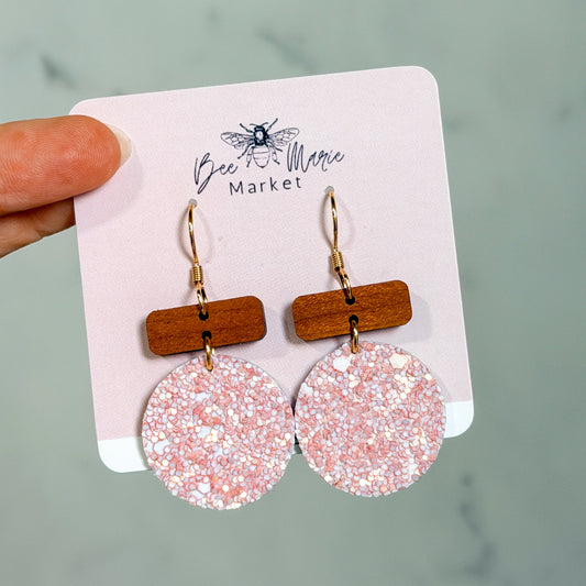 Blush Glitter & Wood Round Earrings