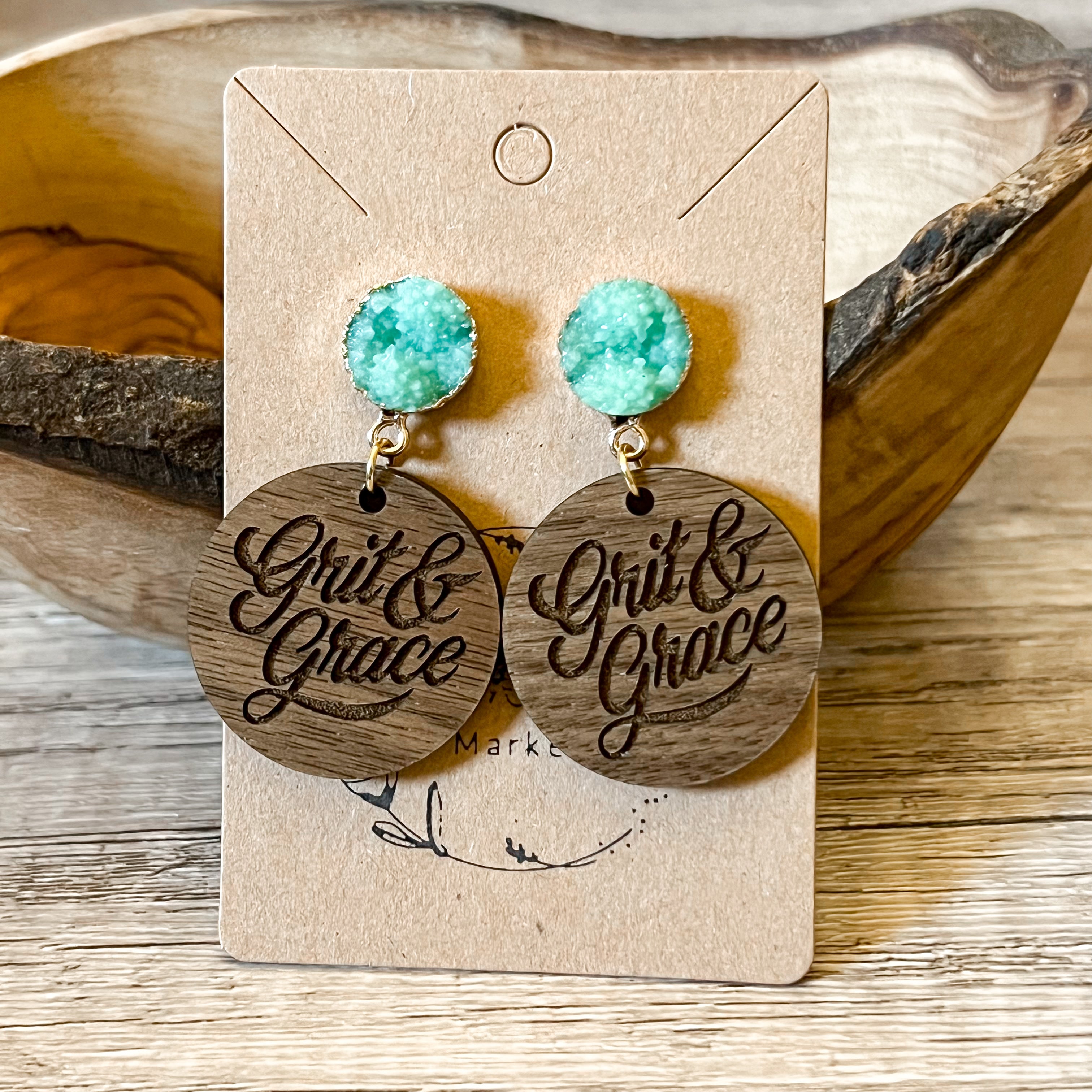 Grit & Grace Engraved Wood & Druzy Earrings