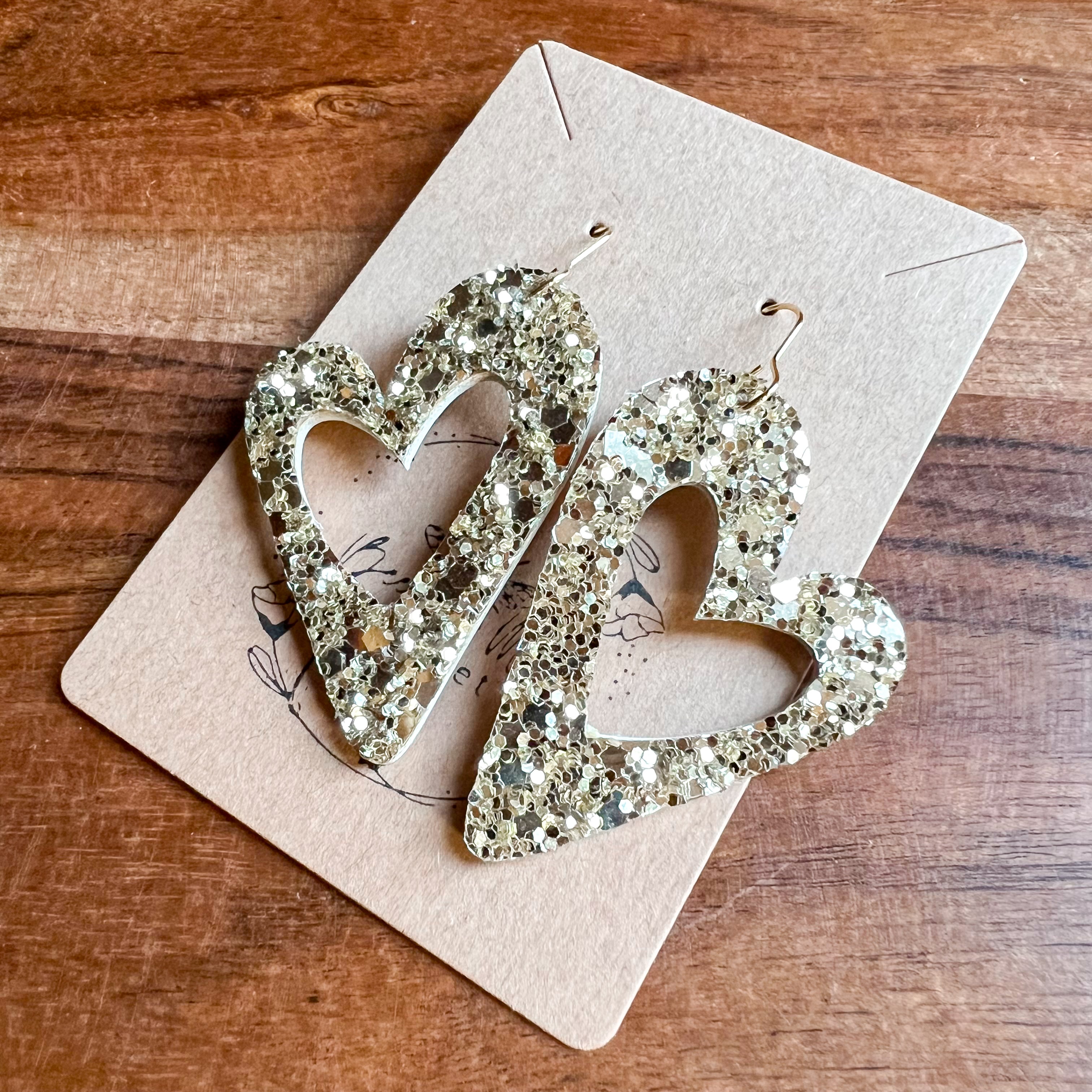 Holly Gold Glitter Open Heart Earrings