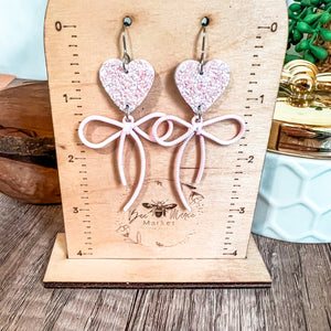 Jasamine Pink Glitter Heart & Bow Earrings