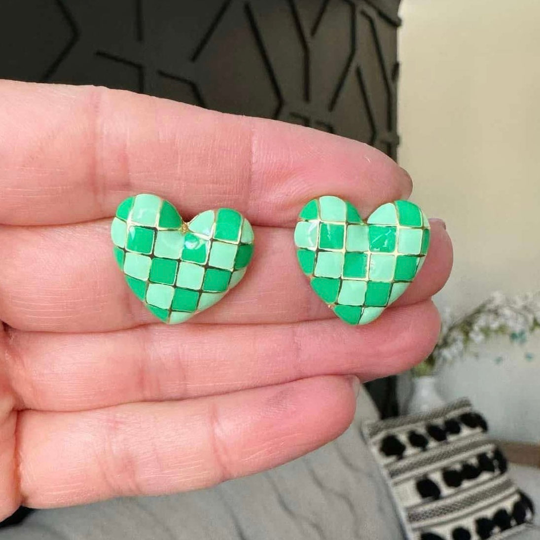 Kelly Green Checkered Heart Earrings