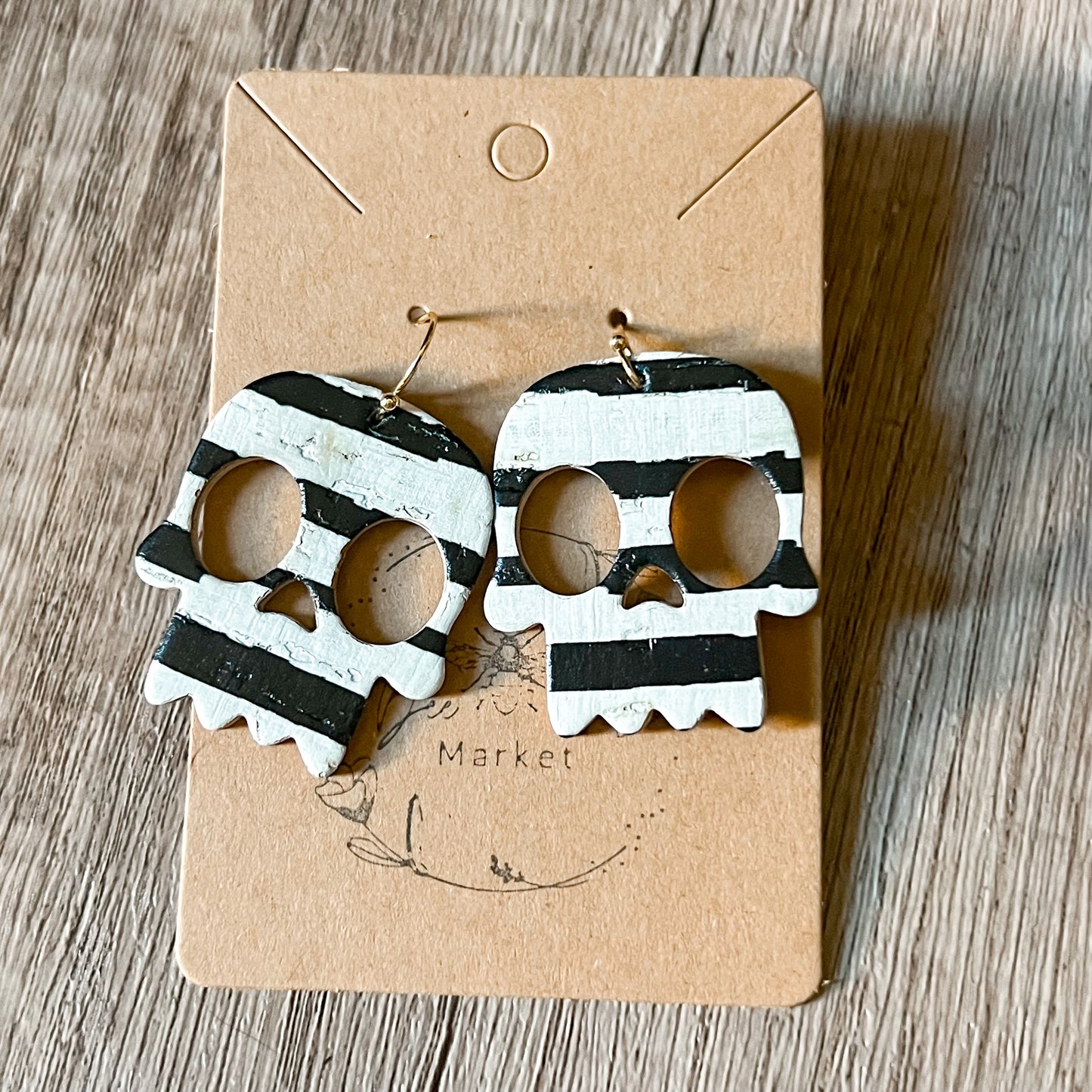 Black & White Stripe Skull Earrings