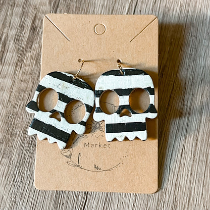 Black & White Stripe Skull Earrings