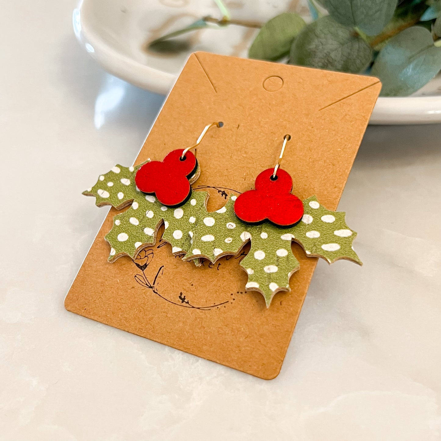 Lime Doodle Dot Holly Jolly Leather Earrings
