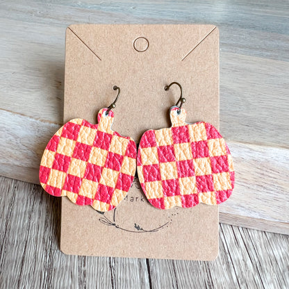 Coral Checkered Pumpkin Earrings