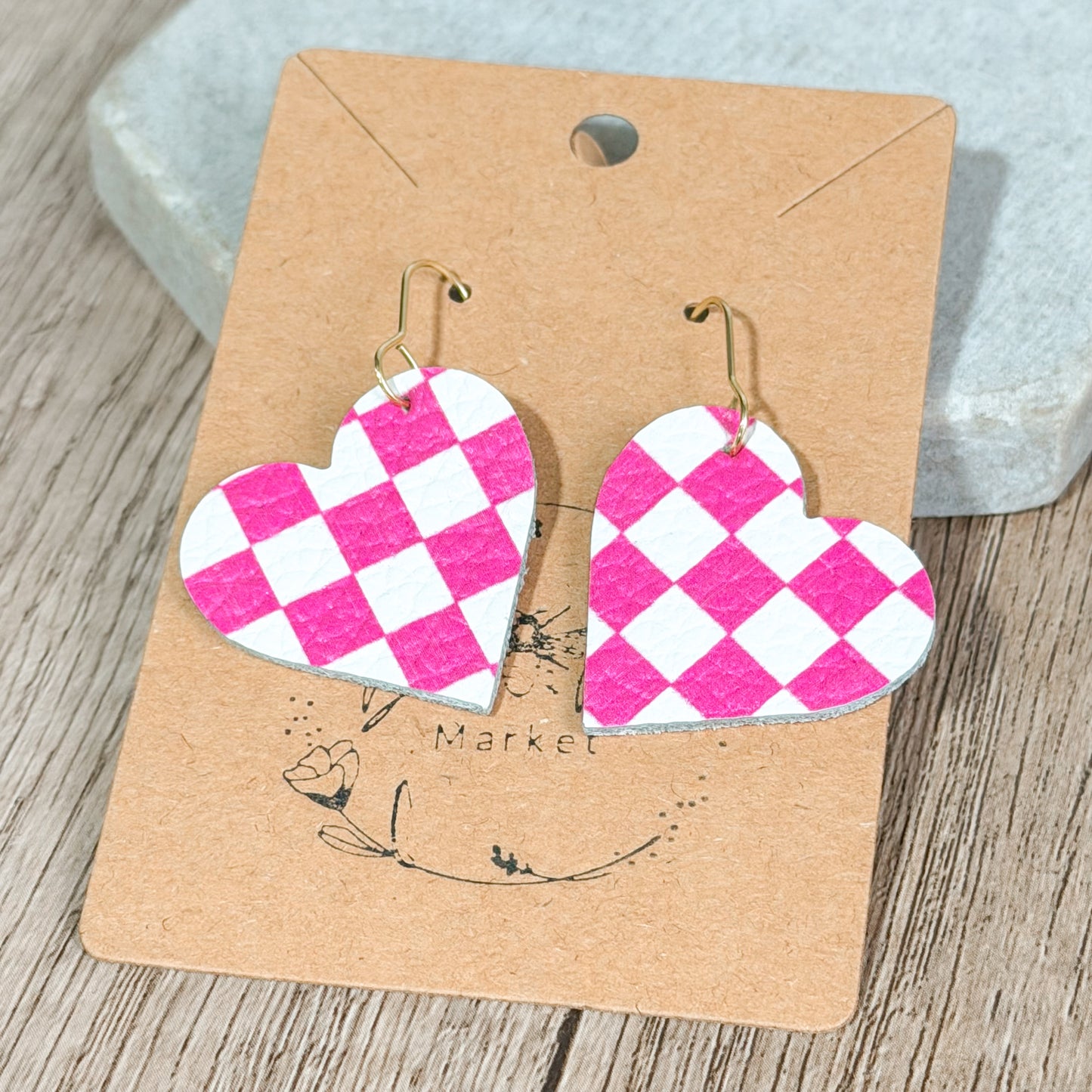 Pink Check Heart Earrings
