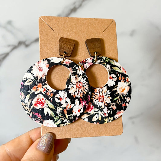 Black Floral FB Leather Hoops