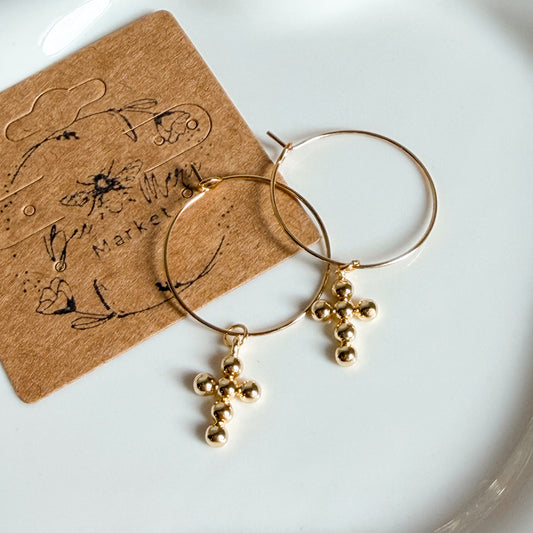 Dainty Gold Cross Hoop Earrings