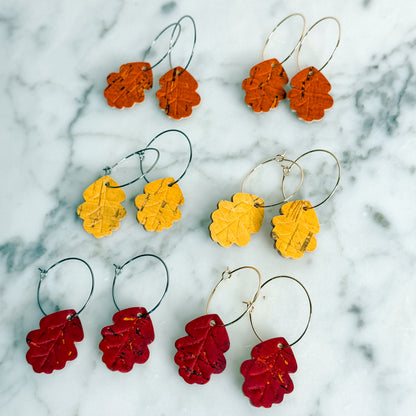 Fall Oak Leaf Cork Hoop Earrings | Lightweight Autumn Earrings