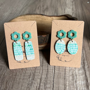 Mint Doodle Dot Oval w/ Flower Earrings