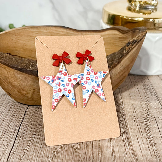 Red, White, & Blue Distressed Star Bow Earrings