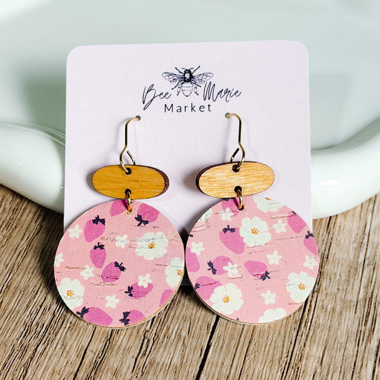 Strawberry Blossom Wooden Drop Earrings