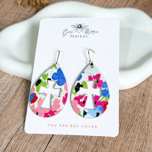 Bold Floral Cutout Cross Earrings