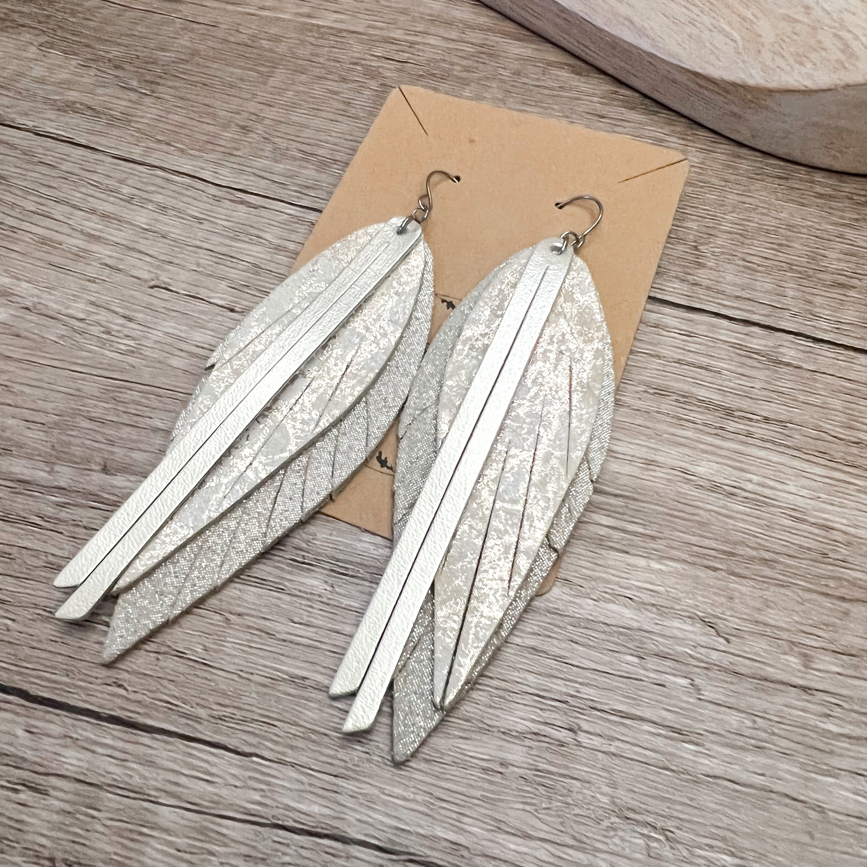 Gina Champaign Feather Handmade Leather Earrings