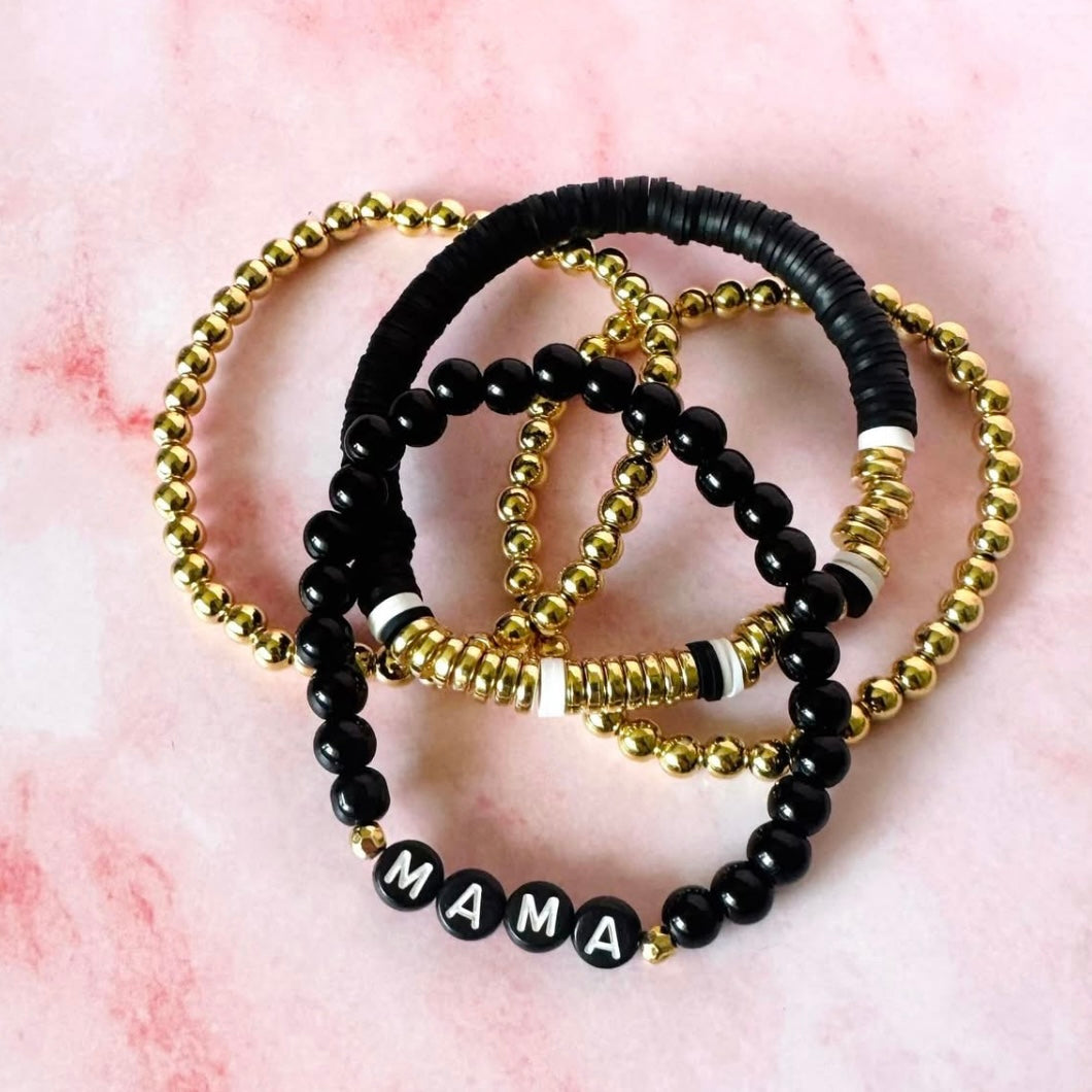 Mama Black Beaded Stacked Bracelet Set