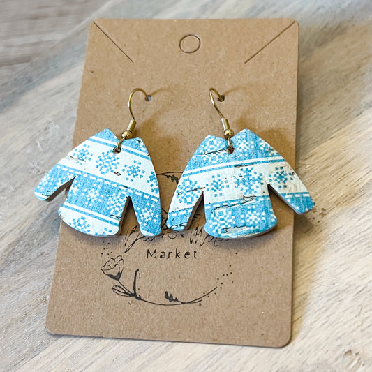 Blue Snowflake Sweater Leather Earrings