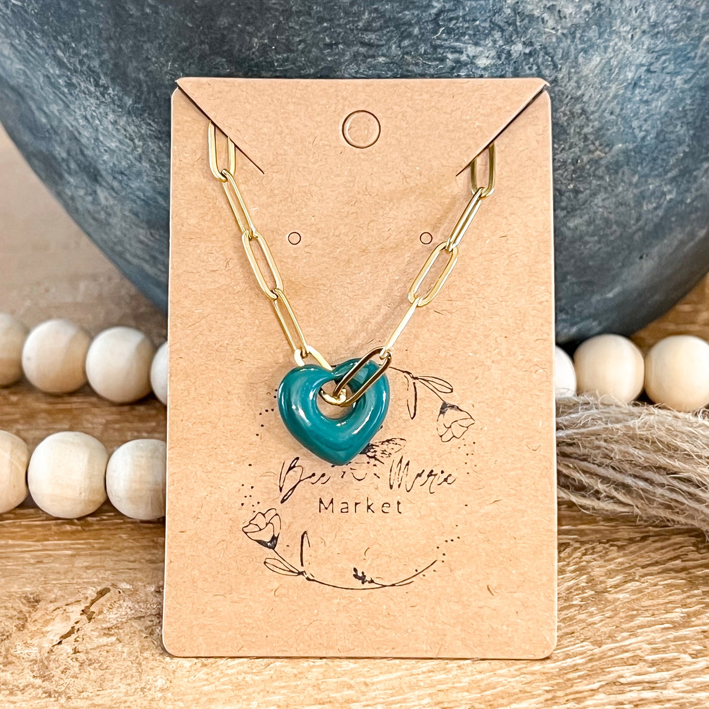 Deep Green Sweetheart Charm Paperclip Necklace