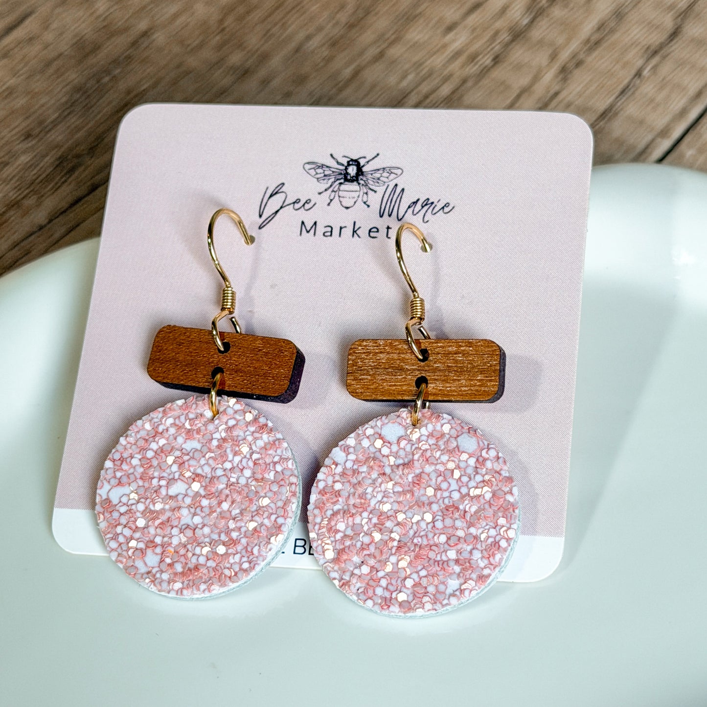 Blush Sparkle & Wood Round Earrings
