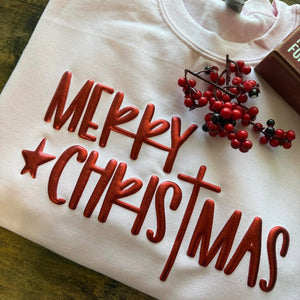 Pink Merry Christmas Metallic Puff Lettering Sweatshirt - 1 Week to Ship