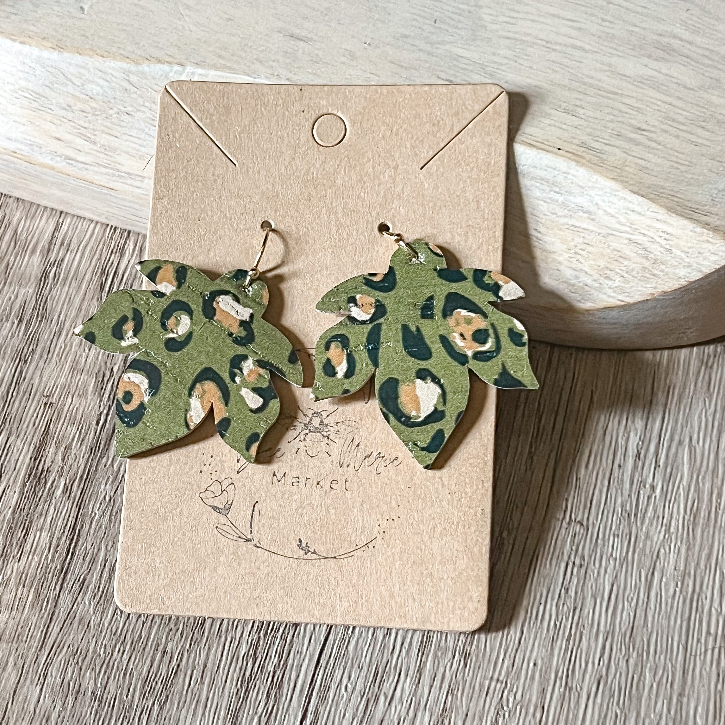 Olive Leopard Spot Leaf Earrings 10DT