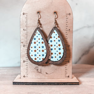 Inlaid Leather & Wood Star Teardrop Earrings