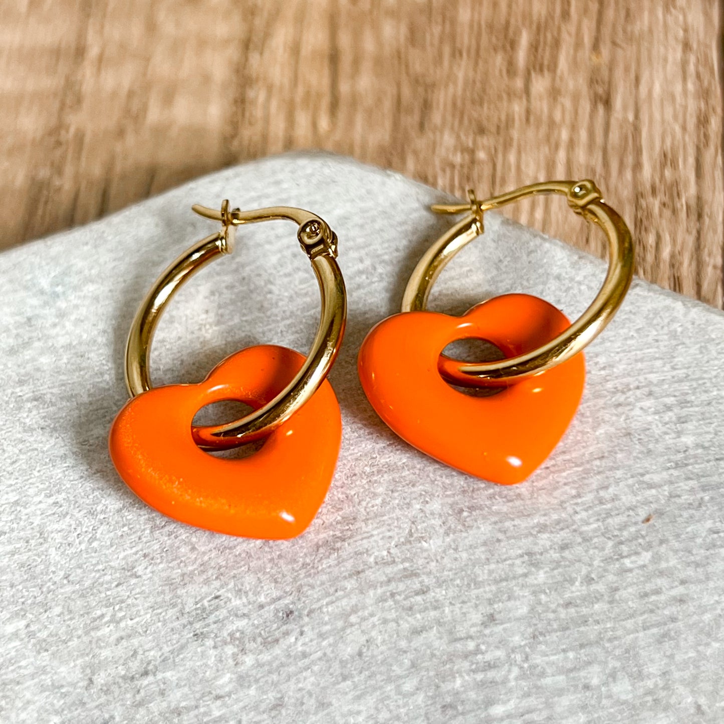 Golden Hoops with Orange Hearts