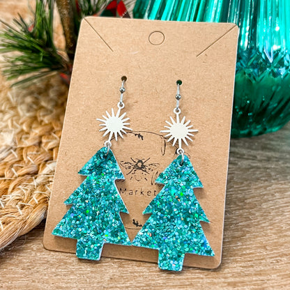 Teal Glitter & Star Christmas Tree Earrings
