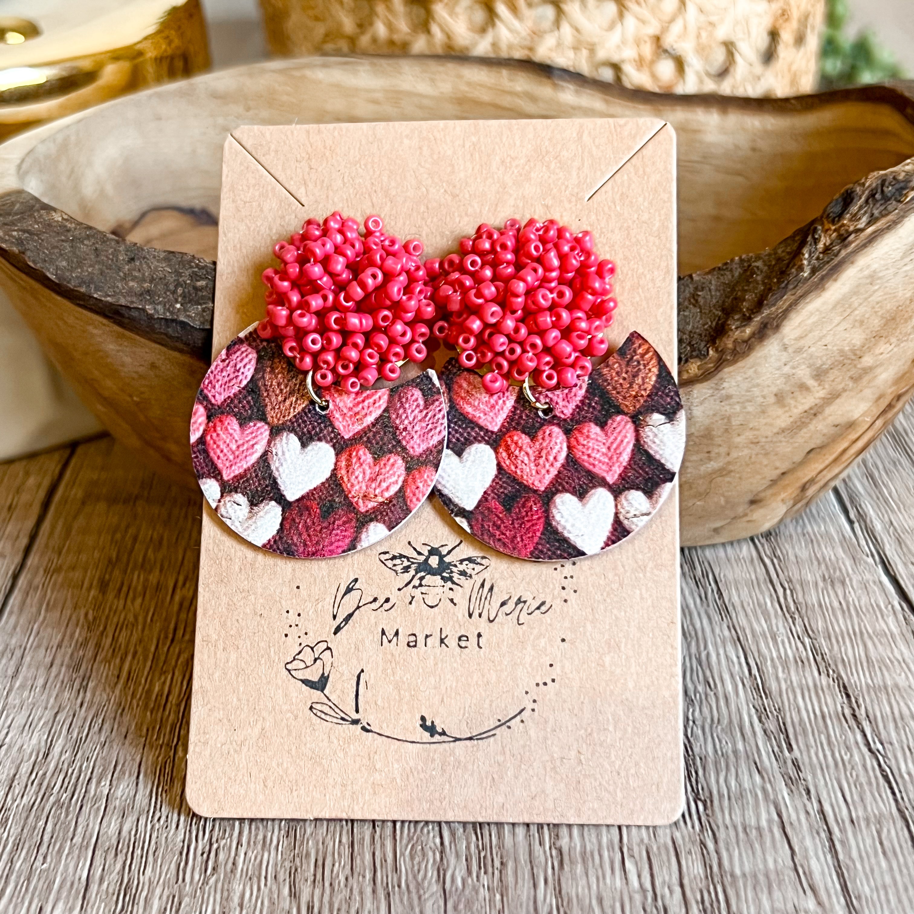 Beaded Pom Pom Heart Earrings