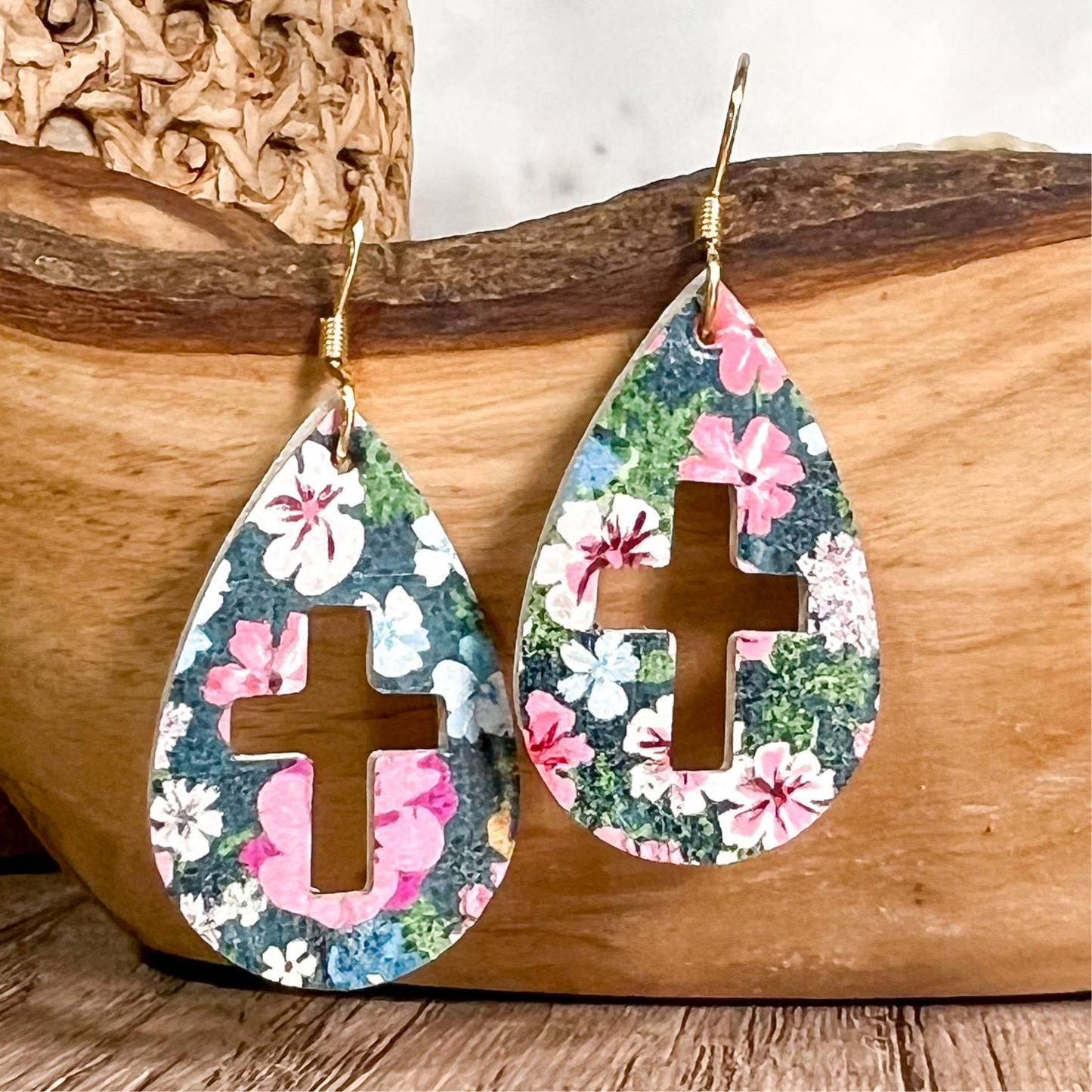 Spring Floral Cutout Cross Teardrops