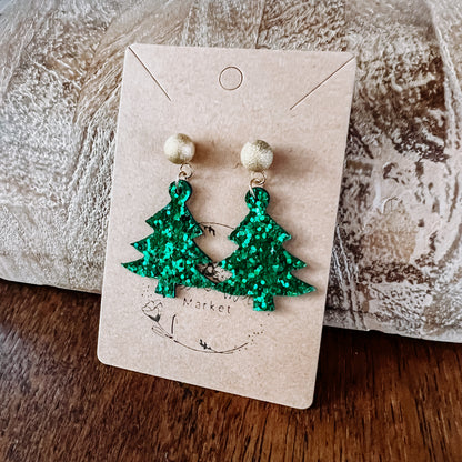 Have a Ball Green Glitter Christmas Tree Earrings