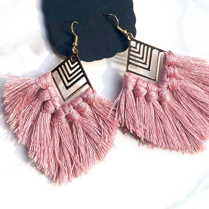 Pink Boho Fringe Tassel Earrings