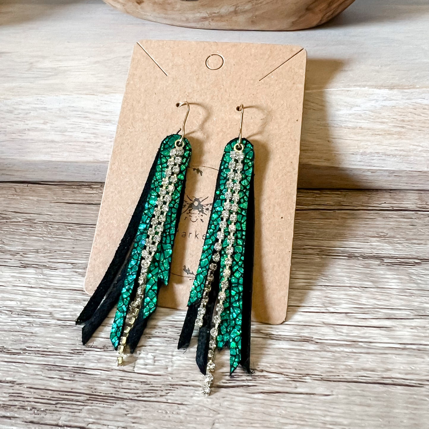 Emerald Cracked Metallic Rhinestone Fringe Earrings
