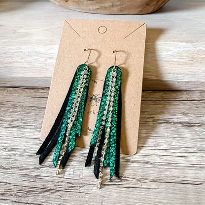 Emerald Cracked Metallic Rhinestone Fringe Earrings