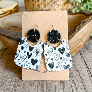 Amanda Black & White Heart Glitter Earrings