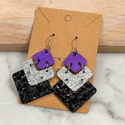 Purple Sparkle Stacks Leather Earrings
