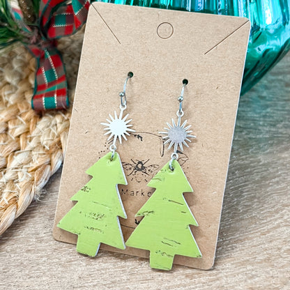 Lime Christmas Tree & Star Earrings